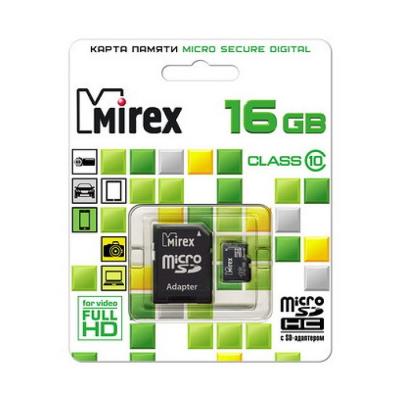 Карта памяти MicroSDHC + SD адаптер 16 GB Class10 Mirex (AD10SD16)