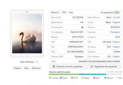 Планшет Apple iPad Air 2 16Gb Wi-Fi + Cellular (Gold) (SN: DMPNG4XHG5WT, б/у)