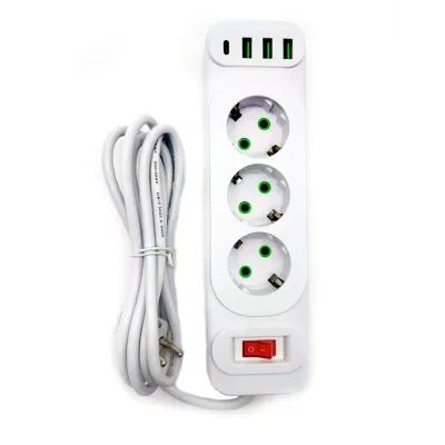 Сетевой фильтр A2 3 розетки с 3 USB и Type-C- WHITE 2M W05