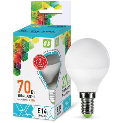 Лампа светодиодная ASD LED-ШАР-standard 7.5Вт 230В Е14 4000К 675Лм
