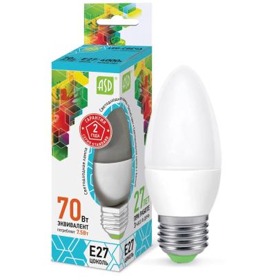 Лампа светодиодная ASD LED-СВЕЧА-standard 7.5Вт 230В Е27 4000К 675Лм