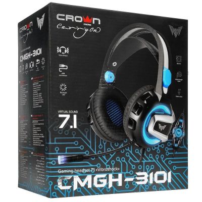 Проводная игровая стерео гарнитура с подсветкой и вибрацией Crown CMGH-3101 (черный с синим)
